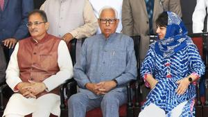 Jammu and Kashmir Governor NN Vohra with chief minister Mehbooba Mufti and deputy chief minister Kavinder Gupta at the swearing-in ceremony after the cabinet reshuffle, Jammu, May 30(PTI) Jammu and Kashmir Governor NN Vohra with chief minister Mehbooba Mufti and deputy chief minister Kavinder Gupta at the swearing-in ceremony after the cabinet reshuffle, Jammu, May 30(PTI)