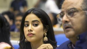Bollywood actress Sridevi's husband Boney Kapoor, right, and daughters Janhvi Kapoor, center, and Khushi Kapoor attend the 65th National Film Awards ceremony in New Delhi.(AP)