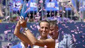 Petra Kvitova celebrates with the Prague Open trophy after defeating Mihaela Buzarnescu in the final on Saturday.(AP) Petra Kvitova celebrates with the Prague Open trophy after defeating Mihaela Buzarnescu in the final on Saturday.(AP)