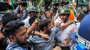 Police detain Congress activists who were protesting against fresh political violence in Kolkata, on April 23..(PTI file photo) Police detain Congress activists who were protesting against fresh political violence in Kolkata, on April 23..(PTI file photo)