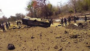 Security personnel inspect the site of an IED blast where nine CRPF personnel were killed and two more were injured after Maoists ambushed them in Kistaram area of Chhattisgarh’s Sukma district.(PTI File Photo) Security personnel inspect the site of an IED blast where nine CRPF personnel were killed and two more were injured after Maoists ambushed them in Kistaram area of Chhattisgarh’s Sukma district.(PTI File Photo)