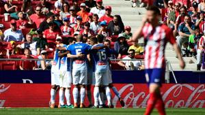 Espanyol's players celebrate after scoring a goal during the La Liga match against Atletico Madrid at the Wanda Metropolitano stadium in Madrid on May 6.(AFP) Espanyol's players celebrate after scoring a goal during the La Liga match against Atletico Madrid at the Wanda Metropolitano stadium in Madrid on May 6.(AFP)