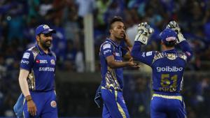 Hardik Pandya’s all-round exploits helped Mumbai Indians stay alive in the race for the IPL play-offs with a 13-run win over Kolkata Knight Riders in the Indian Premier League.(BCCI) Hardik Pandya’s all-round exploits helped Mumbai Indians stay alive in the race for the IPL play-offs with a 13-run win over Kolkata Knight Riders in the Indian Premier League.(BCCI)