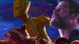 Groot, Rocket Raccoon and Thor in a poster for Avengers: Infinity War. Groot, Rocket Raccoon and Thor in a poster for Avengers: Infinity War.