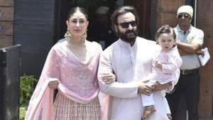 Kareena Kapoor Khan, Saif Ali Khan and Taimur pose for the camera at Sonam Kapoor’s wedding.(Viral Bhayani) Kareena Kapoor Khan, Saif Ali Khan and Taimur pose for the camera at Sonam Kapoor’s wedding.(Viral Bhayani)