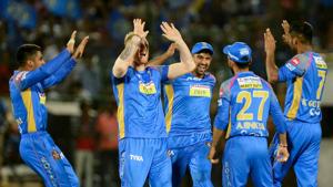 Rajasthan Royals players celebrate the wicket of Marcus Stoinis during the 2018 Indian Premier League (IPL) Twenty20 match between Kings XI Punjab and Rajasthan Royals in Jaipur.(AFP) Rajasthan Royals players celebrate the wicket of Marcus Stoinis during the 2018 Indian Premier League (IPL) Twenty20 match between Kings XI Punjab and Rajasthan Royals in Jaipur.(AFP)