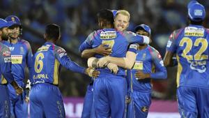 Rajasthan Royals players celebrate the wicket of R Ashwin during the 2018 Indian Premier League (IPL) Twenty20 match between Kings XI Punjab and Rajasthan Royals in Jaipur. Get highlights of Rajasthan Royals vs Kings XI Punjab, IPL 2018 match here(PTI) Rajasthan Royals players celebrate the wicket of R Ashwin during the 2018 Indian Premier League (IPL) Twenty20 match between Kings XI Punjab and Rajasthan Royals in Jaipur. Get highlights of Rajasthan Royals vs Kings XI Punjab, IPL 2018 match here(PTI)