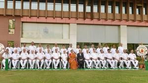 Defence minister Nirmala Sitharaman in a group photograph with Navy officers at the Naval Commanders' conference in New Delhi on May 8.(PTI Photo) Defence minister Nirmala Sitharaman in a group photograph with Navy officers at the Naval Commanders' conference in New Delhi on May 8.(PTI Photo)