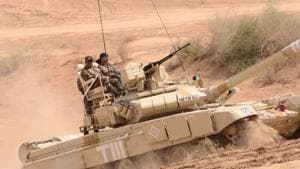 Army personnel take part in exercise ‘Vijay Prahar’ at Mahajan Field Firing Range near Bikaner on Wednesday.(HT PHOTO) Army personnel take part in exercise ‘Vijay Prahar’ at Mahajan Field Firing Range near Bikaner on Wednesday.(HT PHOTO)