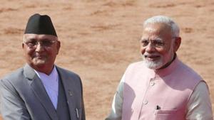 Prime Minister Narendra Modi with Nepalese Prime Minister KP Oli as the latter arrives for a ceremonial reception in New Delhi on April 7, 2018.(AP File Photo) Prime Minister Narendra Modi with Nepalese Prime Minister KP Oli as the latter arrives for a ceremonial reception in New Delhi on April 7, 2018.(AP File Photo)