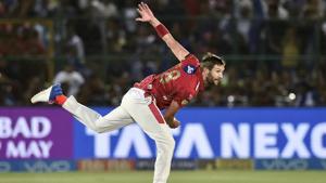 Jaipur: Kings XI Punjab bowler Andrew Tye in action during the IPL 2018 cricket match vs Rajasthan Royals at Sawai Mansingh Stadium in Jaipur on Tuesday.(PTI) Jaipur: Kings XI Punjab bowler Andrew Tye in action during the IPL 2018 cricket match vs Rajasthan Royals at Sawai Mansingh Stadium in Jaipur on Tuesday.(PTI)