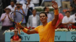 Rafael Nadal defeated Gael Monfils 6-3, 6-1 in the second round of the Madrid Open on Wednesday to extend his record of consecutive sets won on the surface to 48.(AP) Rafael Nadal defeated Gael Monfils 6-3, 6-1 in the second round of the Madrid Open on Wednesday to extend his record of consecutive sets won on the surface to 48.(AP)