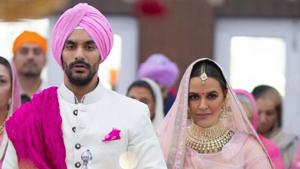 Angad Bedi and Neha Dhupia got married in Delhi on Thursday.(Twitter) Angad Bedi and Neha Dhupia got married in Delhi on Thursday.(Twitter)