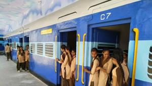 The classrooms of this school have been painted like passenger compartments, the principal’s office looks like an engine, and the veranda is the “platform”, where students hang out.(HT FILE PHOTO) The classrooms of this school have been painted like passenger compartments, the principal’s office looks like an engine, and the veranda is the “platform”, where students hang out.(HT FILE PHOTO)