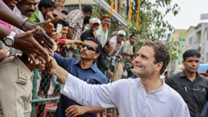 Congress president Rahul Gandhi greets his supporters during an election campaign rally ahead of Karnataka elections in Bengaluru on Wednesday.(PTI Photo) Congress president Rahul Gandhi greets his supporters during an election campaign rally ahead of Karnataka elections in Bengaluru on Wednesday.(PTI Photo)