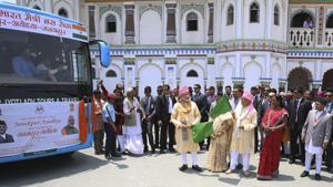 Prime Minister Narendra Modi and Nepalese Prime Minister Khadga Prasad Oli flag off a bus service between Janakpur in Nepal and Ayodhya in India in Janakpur on May 11.(AP Photo) Prime Minister Narendra Modi and Nepalese Prime Minister Khadga Prasad Oli flag off a bus service between Janakpur in Nepal and Ayodhya in India in Janakpur on May 11.(AP Photo)