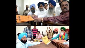 (Top)SAD candidate Naib Singh Kohar and (below) AAP’s Rattan Singh Kakkar Kalan submitting nomination papers to SDM Jagjit Singh, the returning officer for Shahkot assembly bypoll, on Wednesday.(HT File) (Top)SAD candidate Naib Singh Kohar and (below) AAP’s Rattan Singh Kakkar Kalan submitting nomination papers to SDM Jagjit Singh, the returning officer for Shahkot assembly bypoll, on Wednesday.(HT File)