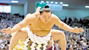 Hakuho Sho performs the ‘dohyo-iri’ ring purification ritual ahead of a bout in 2017.(The Asahi Shimbun via Getty Imag) Hakuho Sho performs the ‘dohyo-iri’ ring purification ritual ahead of a bout in 2017.(The Asahi Shimbun via Getty Imag)