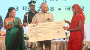 Jaipur, Rajasthan , India, 13 May 2018 : President Ram Nath Kovind along with CM VAsundhara Raje presents cheque to benificieries of Welfare Schemes at the welcom ceremony in his honour, at Birla Auditorium, in Jaipur, Rajasthan , India on Sunday 13 May 2018. (photo by -/ Hindustan times)(Himanshu Vyas /HT Photo) Jaipur, Rajasthan , India, 13 May 2018 : President Ram Nath Kovind along with CM VAsundhara Raje presents cheque to benificieries of Welfare Schemes at the welcom ceremony in his honour, at Birla Auditorium, in Jaipur, Rajasthan , India on Sunday 13 May 2018. (photo by -/ Hindustan times)(Himanshu Vyas /HT Photo)
