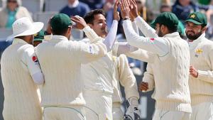 Pakistan's Mohammad Abbas (C) celebrates with teammates during their one-off Test match against Ireland on Sunday.(AFP) Pakistan's Mohammad Abbas (C) celebrates with teammates during their one-off Test match against Ireland on Sunday.(AFP)