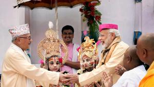 Prime Minister Narendra Modi with Nepal Prime Minister KP Oli during his visit to the 20th century Janaki temple, Janakpur, Nepal, April 11, 2018(AFP) Prime Minister Narendra Modi with Nepal Prime Minister KP Oli during his visit to the 20th century Janaki temple, Janakpur, Nepal, April 11, 2018(AFP)