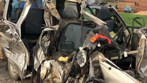 Wreckage of a van that collided with a truck in Nanakmatta on Monday.(HT Photo) Wreckage of a van that collided with a truck in Nanakmatta on Monday.(HT Photo)