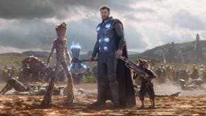 Thor, Rocket Raccoon and Groot arrive to fight at the Battle of Wakanda in a still from Avengers: Infinity War. Thor, Rocket Raccoon and Groot arrive to fight at the Battle of Wakanda in a still from Avengers: Infinity War.