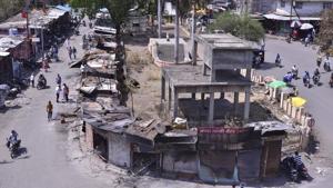 Top view of Vallabh Bhai Patel statue and the adjourning shop charred in the riots at Shahganj in Aurangabad, on May 14, 2018. (Photo by Anshuman Poyrekar / Hindustan Times)(Mumbai Story)(Anshuman Poyrekar / Hindustan Times) Top view of Vallabh Bhai Patel statue and the adjourning shop charred in the riots at Shahganj in Aurangabad, on May 14, 2018. (Photo by Anshuman Poyrekar / Hindustan Times)(Mumbai Story)(Anshuman Poyrekar / Hindustan Times)