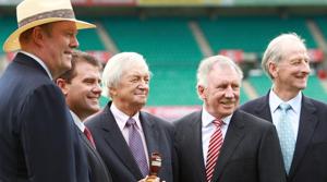 Bill Lawry (extreme right) formed a magnificent quartet of commentators for Channel Nine with Ian Chappell, Richie Benaud and Tony Greig.(Getty Images)