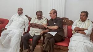 Janata Dal (S) leader H D Kumaraswamy and Congress leaders waiting to meet governor Vajubhai Vala after Karnataka Assembly Election 2018 results, in Bengaluru, on Tuesday. The Congress moved quickly in Karnataka when it realised the Bharatiya Janata Party (BJP) would end up as the single largest party, but without a clear majority.(PTI photo) Janata Dal (S) leader H D Kumaraswamy and Congress leaders waiting to meet governor Vajubhai Vala after Karnataka Assembly Election 2018 results, in Bengaluru, on Tuesday. The Congress moved quickly in Karnataka when it realised the Bharatiya Janata Party (BJP) would end up as the single largest party, but without a clear majority.(PTI photo)