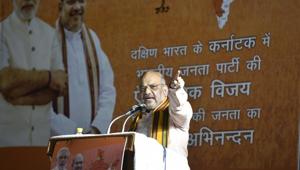 BJP president Amit Shah speaks after Karnataka election victory at the party headquarters in New Delhi, India, on Tuesday, May 15, 2018.(HT Photo) BJP president Amit Shah speaks after Karnataka election victory at the party headquarters in New Delhi, India, on Tuesday, May 15, 2018.(HT Photo)