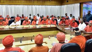 File photo of Karnataka chief minister Siddaramaiah meeting the Lingayat community Seers at Vidhana Soudha in Bengaluru on March 18.(PTI Photo) File photo of Karnataka chief minister Siddaramaiah meeting the Lingayat community Seers at Vidhana Soudha in Bengaluru on March 18.(PTI Photo)
