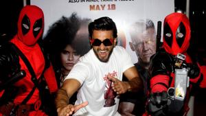 Ranveer Singh poses during the promotion of the Hindi version of the Hollywood film Deadpool 2 in Mumbai on Monday.(AFP) Ranveer Singh poses during the promotion of the Hindi version of the Hollywood film Deadpool 2 in Mumbai on Monday.(AFP)
