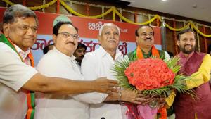 Union ministers and Bharatiya Janata Party leaders Prakash Javadekar (right), Ananth Kumar and JP Nadda greet Karnataka unit chief of the party BS Yeddyurappa, after he was elected leader of the BJP legislature party, in Bengaluru, on Wednesday.(PTI photo) Union ministers and Bharatiya Janata Party leaders Prakash Javadekar (right), Ananth Kumar and JP Nadda greet Karnataka unit chief of the party BS Yeddyurappa, after he was elected leader of the BJP legislature party, in Bengaluru, on Wednesday.(PTI photo)