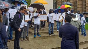 Indian professionals protest against allegedly UK visa rules, outside UK Parliament in London on Wednesday.(PTI) Indian professionals protest against allegedly UK visa rules, outside UK Parliament in London on Wednesday.(PTI)