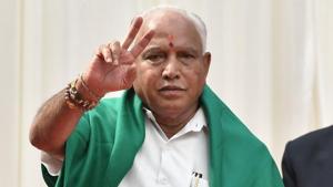 BNewly sworn-in Karnataka chief minister BS Yeddyurappa flashes a victory sign at the oath ceremony in Bengaluru on Thursday.(Arijit Sen / HT Photo) BNewly sworn-in Karnataka chief minister BS Yeddyurappa flashes a victory sign at the oath ceremony in Bengaluru on Thursday.(Arijit Sen / HT Photo)