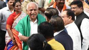 BS Yeddyurappa arrives to take oath as Karnataka chief minister, at Raj Bhavan in Bengaluru.(Arijit Sen /HT Photo) BS Yeddyurappa arrives to take oath as Karnataka chief minister, at Raj Bhavan in Bengaluru.(Arijit Sen /HT Photo)