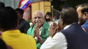 BJP's BS Yeddyurappa arrives to take oath as Karnataka chief minister, at Raj Bhavan in Bengaluru on Thursday.(PTI Photo)