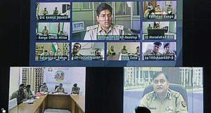 DGP OP Singh interacting with ADGs, IGs, DIGs and police chiefs through the integrated video conferencing system.(HT Photo) DGP OP Singh interacting with ADGs, IGs, DIGs and police chiefs through the integrated video conferencing system.(HT Photo)