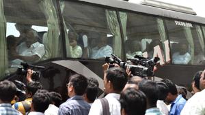 Newly elected legislators return to the Eagleton Golf Resort after a joint protest by the Congress and the Janta Dal (Secular) at Gandhi statue inside Vidhana Soudha, in Bengaluru, on May 17, 2018. The MLAs were put up at the resort and a hotel in the city to prevent poaching by the BJP.(Arijit Sen/HT Photo) Newly elected legislators return to the Eagleton Golf Resort after a joint protest by the Congress and the Janta Dal (Secular) at Gandhi statue inside Vidhana Soudha, in Bengaluru, on May 17, 2018. The MLAs were put up at the resort and a hotel in the city to prevent poaching by the BJP.(Arijit Sen/HT Photo)