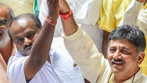 JD(S) leader H D Kumaraswamy with Congress leader D K Shivakumar celebrate after chief minister BS Yediyurappa announced his resignation before the floor test, at Vidhana Soudha, in Bengaluru, on May 19.(PTI Photo) JD(S) leader H D Kumaraswamy with Congress leader D K Shivakumar celebrate after chief minister BS Yediyurappa announced his resignation before the floor test, at Vidhana Soudha, in Bengaluru, on May 19.(PTI Photo)