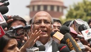 Senior Congress leader and lawyer Abhishek Manu Singhvi speaks to the media after a Supreme Court hearing on the Karnataka issue, in New Delhi on Friday.(HT Photo) Senior Congress leader and lawyer Abhishek Manu Singhvi speaks to the media after a Supreme Court hearing on the Karnataka issue, in New Delhi on Friday.(HT Photo)