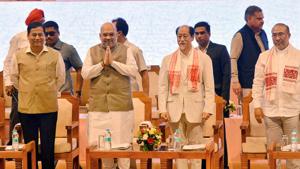 BJP president Amit Shah with chief ministers Sarbananda Sonowal of Assam, Neiphiu Rio of Nagaland and N Biren Singh of Manipur at the 3rd conclave of North East Democratic Alliance (NEDA) meeting in Guwahati on May 20.(PTI Photo) BJP president Amit Shah with chief ministers Sarbananda Sonowal of Assam, Neiphiu Rio of Nagaland and N Biren Singh of Manipur at the 3rd conclave of North East Democratic Alliance (NEDA) meeting in Guwahati on May 20.(PTI Photo)