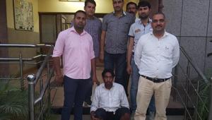 Manjeet Karketa (sitting) after his arrest from Nangloi.(Picture courtesy: Sourced) Manjeet Karketa (sitting) after his arrest from Nangloi.(Picture courtesy: Sourced)