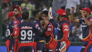 Sandeep Lamichhane celebrates the wicket of Evin Lewis during match fifty five of the 2018 Indian Premier League (IPL) between Delhi Daredevils and Mumbai Indians held at the Feroz Shah Kotla. Follow highlights of Delhi Daredevils vs Mumbai Indians, IPL 2018 match here(AP) Sandeep Lamichhane celebrates the wicket of Evin Lewis during match fifty five of the 2018 Indian Premier League (IPL) between Delhi Daredevils and Mumbai Indians held at the Feroz Shah Kotla. Follow highlights of Delhi Daredevils vs Mumbai Indians, IPL 2018 match here(AP)