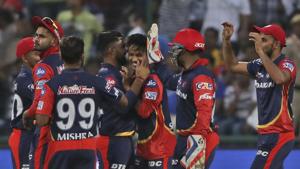 Delhi Daredevils celebrate their 11-run victory over Mumbai Indians in the penultimate game of the league phase of IPL 2018 at the Ferozeshah Kotla in New Delhi on Sunday.(AP) Delhi Daredevils celebrate their 11-run victory over Mumbai Indians in the penultimate game of the league phase of IPL 2018 at the Ferozeshah Kotla in New Delhi on Sunday.(AP)