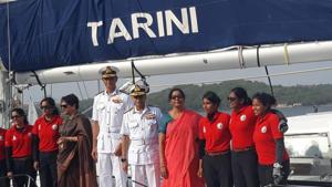 The expedition, Navika Sagar Parikrama, was the first-ever Indian circumnavigation of the globe by an all-women crew.(Picture courtesy: Defence minister/Twitter) The expedition, Navika Sagar Parikrama, was the first-ever Indian circumnavigation of the globe by an all-women crew.(Picture courtesy: Defence minister/Twitter)
