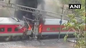 The Andhra Pradesh AC Superfast Express that caught fire near Birlanagar station in Gwalior on Monday.(ANI/ Twitter) The Andhra Pradesh AC Superfast Express that caught fire near Birlanagar station in Gwalior on Monday.(ANI/ Twitter)