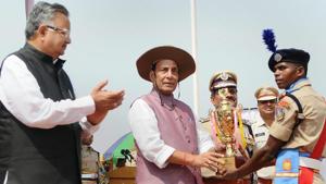Union home minister Rajnath Singh presents an award during the passing-out parade of the ‘Bastariya Battalion’ of the CRPF, in Ambikapur, Chhattisgarh, on Monday.(PTI) Union home minister Rajnath Singh presents an award during the passing-out parade of the ‘Bastariya Battalion’ of the CRPF, in Ambikapur, Chhattisgarh, on Monday.(PTI)