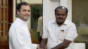 Congress president Rahul Gandhi with Karnataka CM designate HD Kumaraswamy at New Delhi.(HT Photo) Congress president Rahul Gandhi with Karnataka CM designate HD Kumaraswamy at New Delhi.(HT Photo)